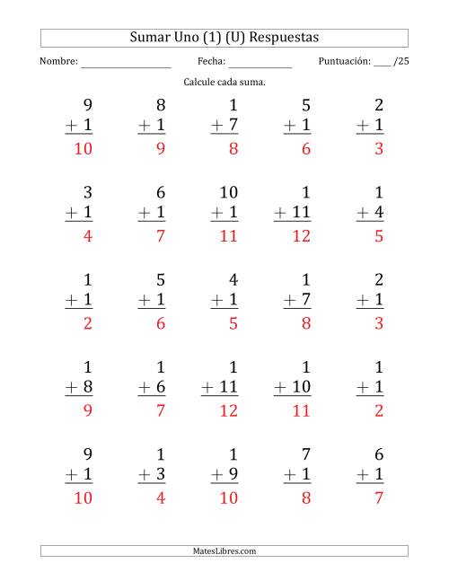 La hoja de ejercicios de Sumar Uno (1) con Adendos de 1 a 11 (25 Preguntas) (U) Página 2