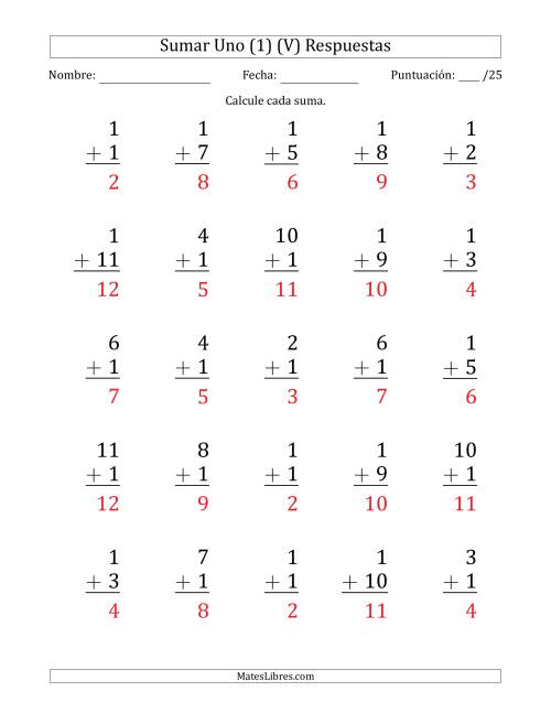 La hoja de ejercicios de Sumar Uno (1) con Adendos de 1 a 11 (25 Preguntas) (V) Página 2