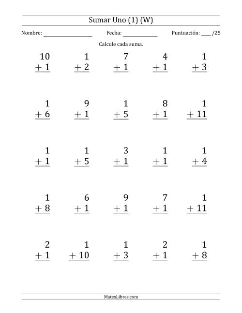 La hoja de ejercicios de Sumar Uno (1) con Adendos de 1 a 11 (25 Preguntas) (W)