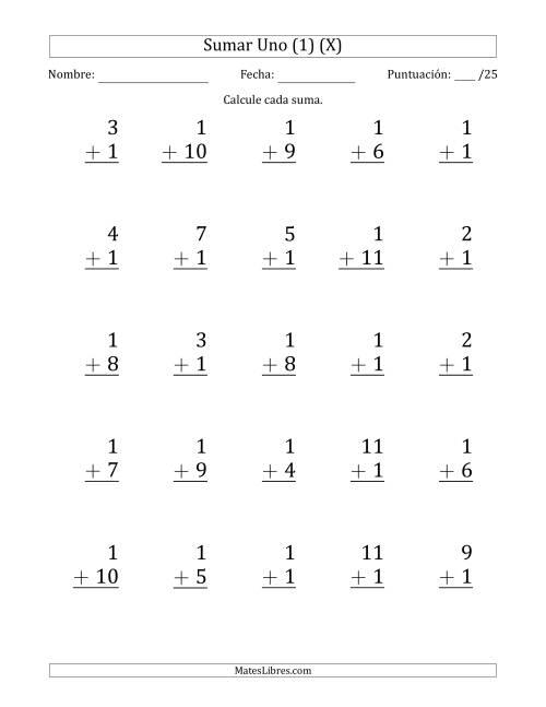 La hoja de ejercicios de Sumar Uno (1) con Adendos de 1 a 11 (25 Preguntas) (X)