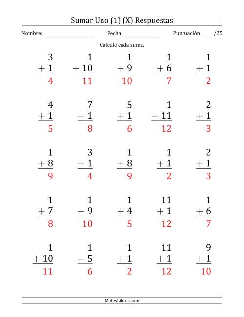 La hoja de ejercicios de Sumar Uno (1) con Adendos de 1 a 11 (25 Preguntas) (X) Página 2