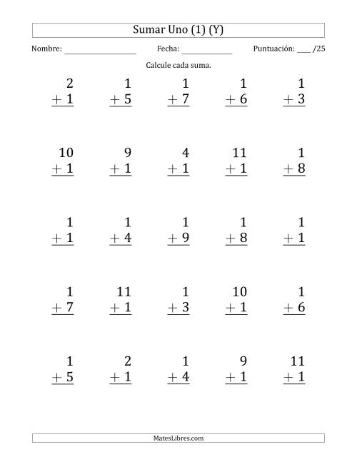 La hoja de ejercicios de Sumar Uno (1) con Adendos de 1 a 11 (25 Preguntas) (Y)