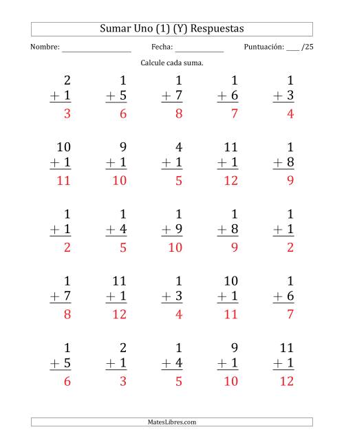 La hoja de ejercicios de Sumar Uno (1) con Adendos de 1 a 11 (25 Preguntas) (Y) Página 2