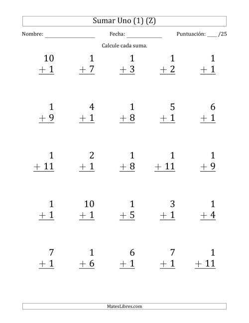 La hoja de ejercicios de Sumar Uno (1) con Adendos de 1 a 11 (25 Preguntas) (Z)