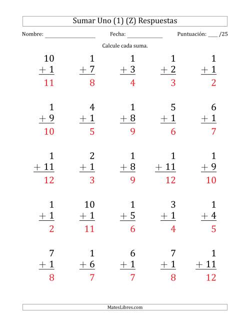 La hoja de ejercicios de Sumar Uno (1) con Adendos de 1 a 11 (25 Preguntas) (Z) Página 2