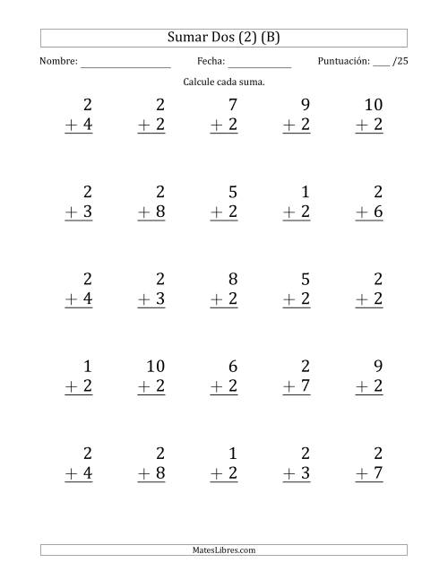 La hoja de ejercicios de Sumar Dos (2) con Adendos de 1 a 10 (25 Preguntas) (B)