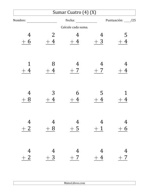 La hoja de ejercicios de Sumar Cuatro (4) con Adendos de 1 a 8 (25 Preguntas) (X)