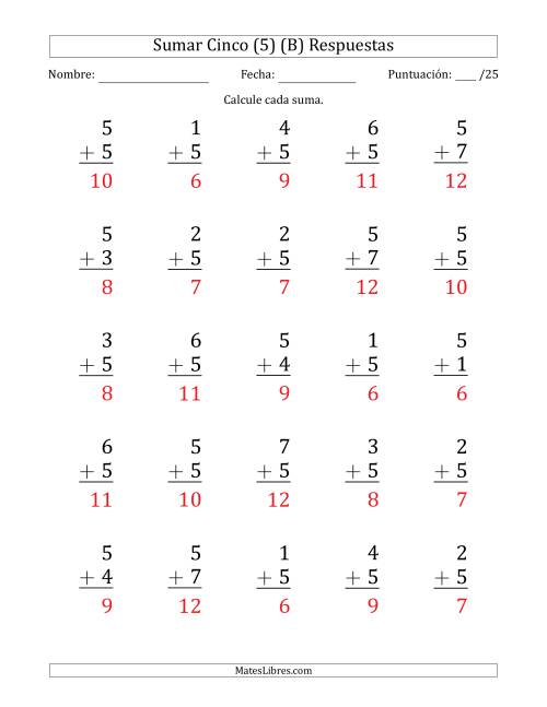 La hoja de ejercicios de Sumar Cinco (5) con Adendos de 1 a 7 (25 Preguntas) (B) Página 2