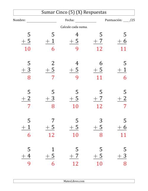 La hoja de ejercicios de Sumar Cinco (5) con Adendos de 1 a 7 (25 Preguntas) (X) Página 2