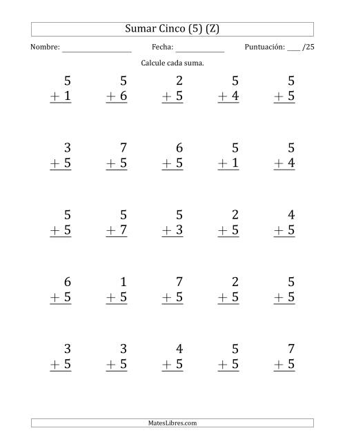 La hoja de ejercicios de Sumar Cinco (5) con Adendos de 1 a 7 (25 Preguntas) (Z)