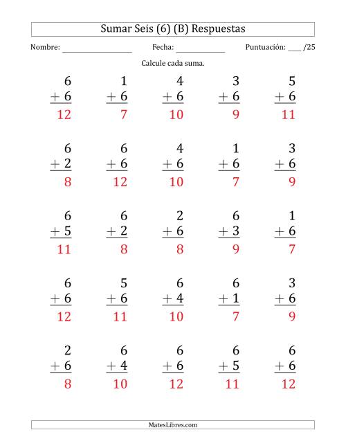 La hoja de ejercicios de Sumar Seis (6) con Adendos de 1 a 6 (25 Preguntas) (B) Página 2