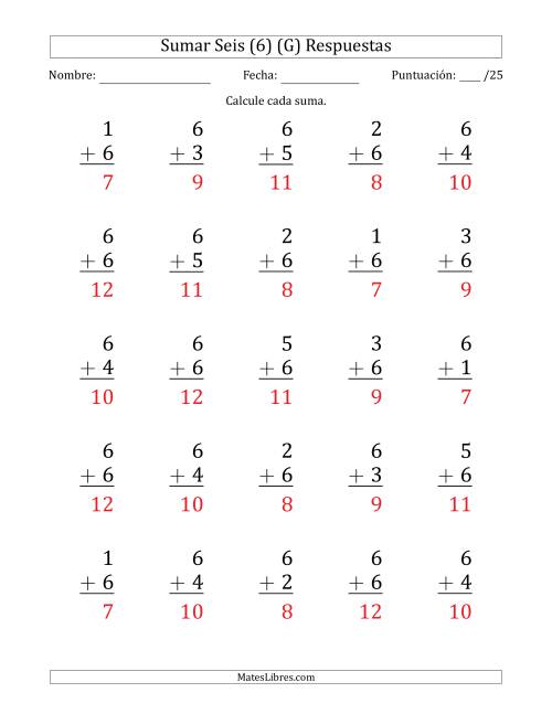 La hoja de ejercicios de Sumar Seis (6) con Adendos de 1 a 6 (25 Preguntas) (G) Página 2