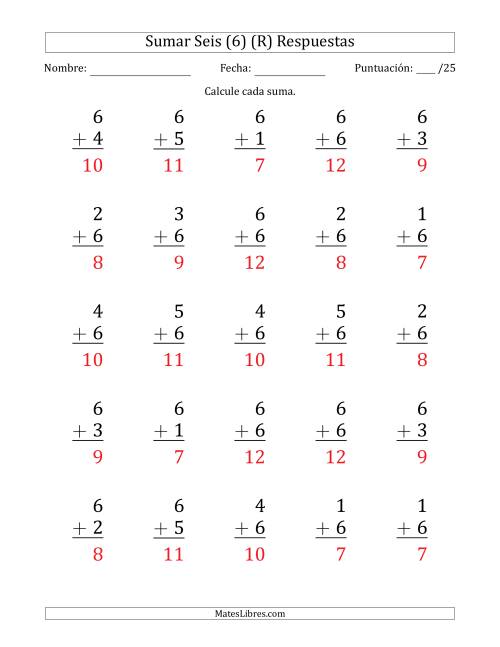 La hoja de ejercicios de Sumar Seis (6) con Adendos de 1 a 6 (25 Preguntas) (R) Página 2