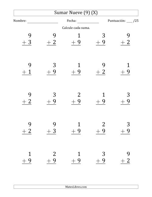La hoja de ejercicios de Sumar Nueve (9) con Adendos de 1 a 3 (25 Preguntas) (X)