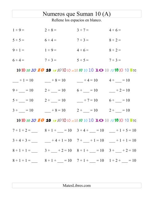 La hoja de ejercicios de Números que Suman 10 (A)
