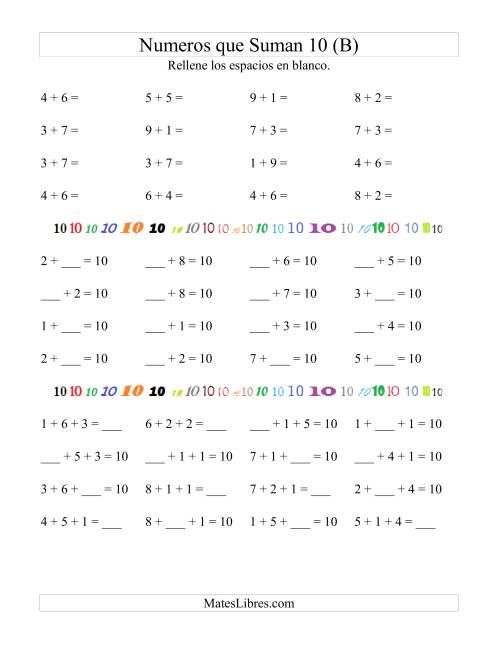La hoja de ejercicios de Números que Suman 10 (B)