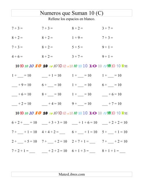 La hoja de ejercicios de Números que Suman 10 (C)