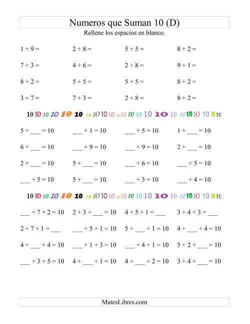 La hoja de ejercicios de Números que Suman 10 (D)