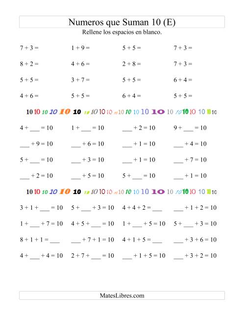 La hoja de ejercicios de Números que Suman 10 (E)
