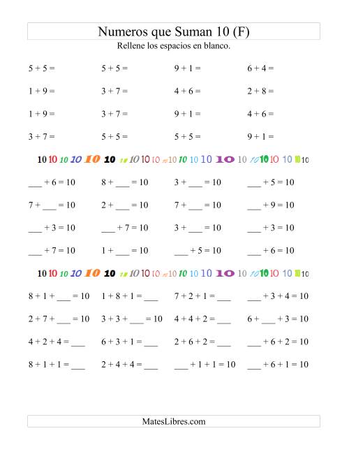 La hoja de ejercicios de Números que Suman 10 (F)