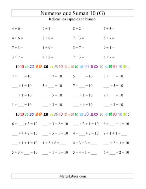 La hoja de ejercicios de Números que Suman 10 (G)