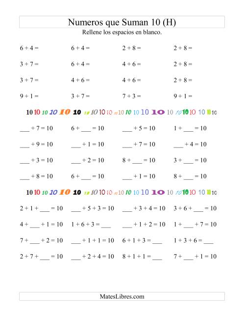 La hoja de ejercicios de Números que Suman 10 (H)