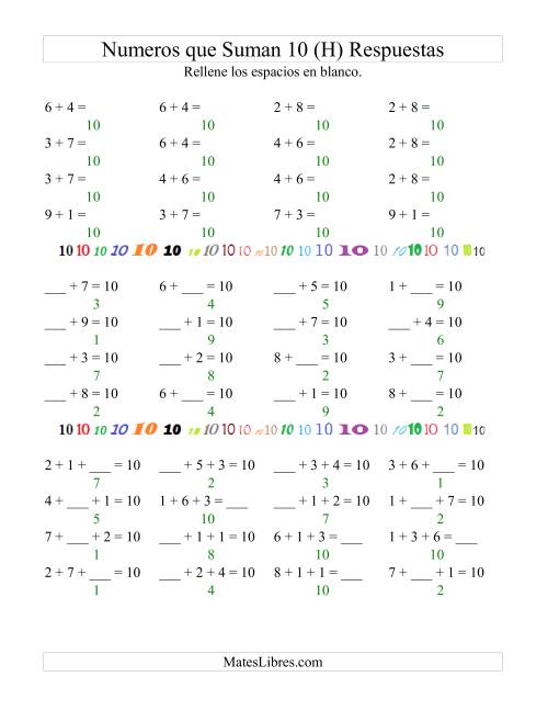 La hoja de ejercicios de Números que Suman 10 (H) Página 2