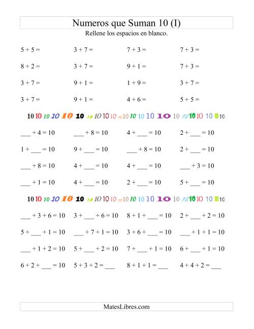 La hoja de ejercicios de Números que Suman 10 (I)