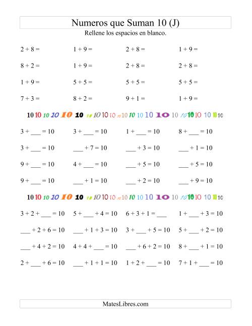 La hoja de ejercicios de Números que Suman 10 (J)