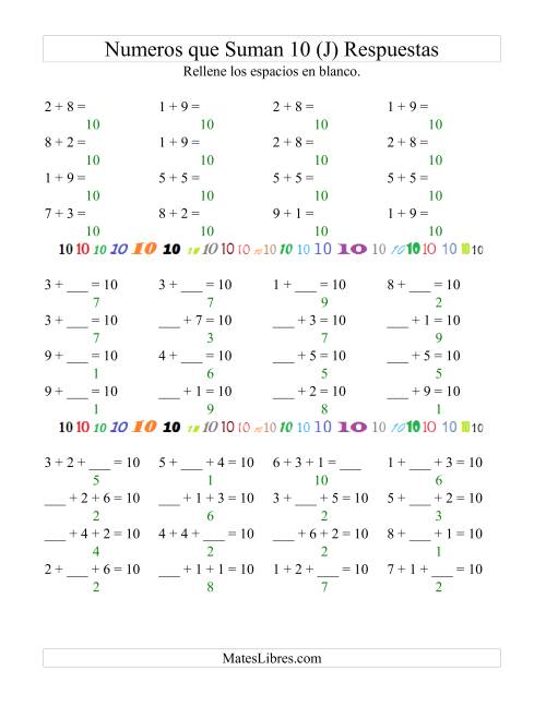 La hoja de ejercicios de Números que Suman 10 (J) Página 2