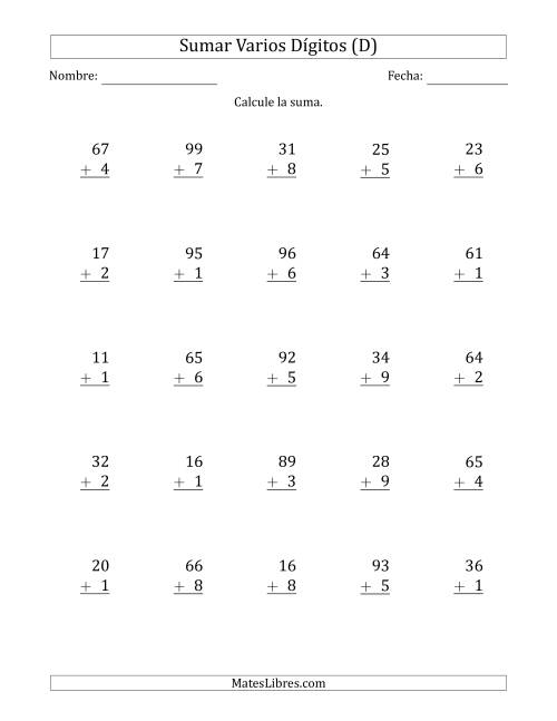 La hoja de ejercicios de Sumas de 2 Dígitos más 1 Dígito con Acarreo en Algunas Preguntas (Papel Tamaño Carta, Separador de Millar con Coma) (D)