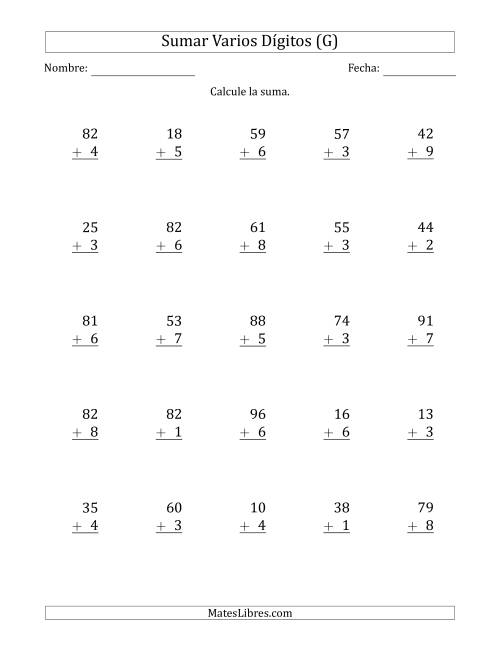 La hoja de ejercicios de Sumas de 2 Dígitos más 1 Dígito con Acarreo en Algunas Preguntas (Papel Tamaño Carta, Separador de Millar con Coma) (G)