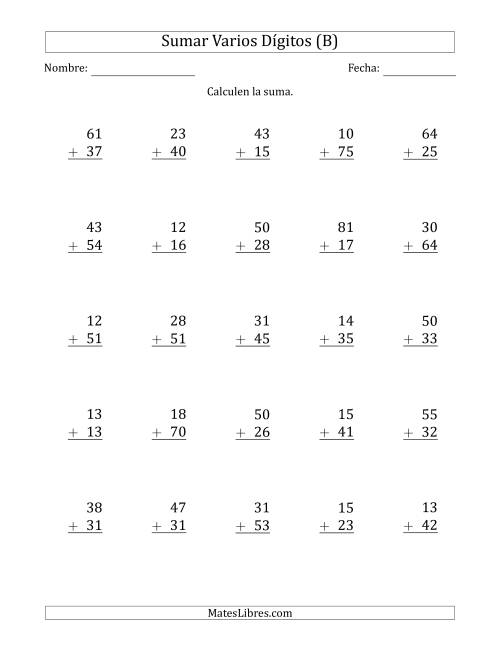 La hoja de ejercicios de Sumas de 2 Dígitos más 2 Dígitos sin Acarreo (Papel Tamaño Carta, Separador de Millar con Coma) (B)