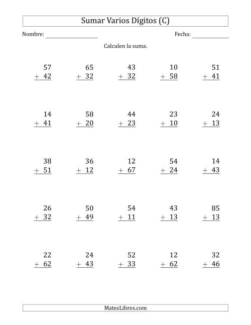 La hoja de ejercicios de Sumas de 2 Dígitos más 2 Dígitos sin Acarreo (Papel Tamaño Carta, Separador de Millar con Coma) (C)