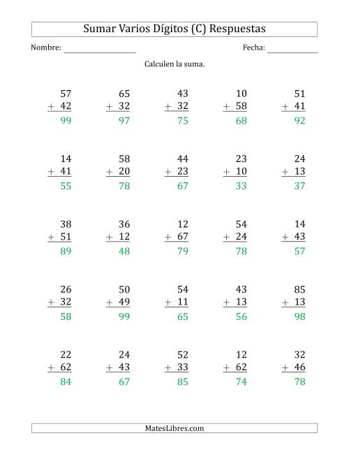 La hoja de ejercicios de Sumas de 2 Dígitos más 2 Dígitos sin Acarreo (Papel Tamaño Carta, Separador de Millar con Coma) (C) Página 2
