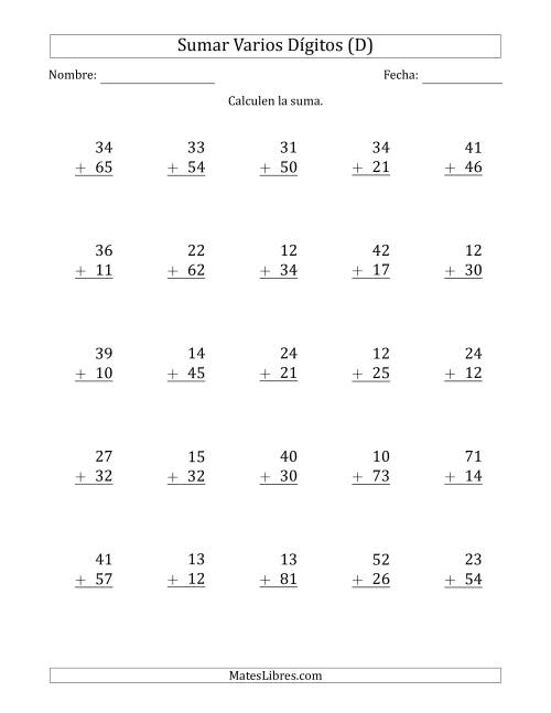 La hoja de ejercicios de Sumas de 2 Dígitos más 2 Dígitos sin Acarreo (Papel Tamaño Carta, Separador de Millar con Coma) (D)