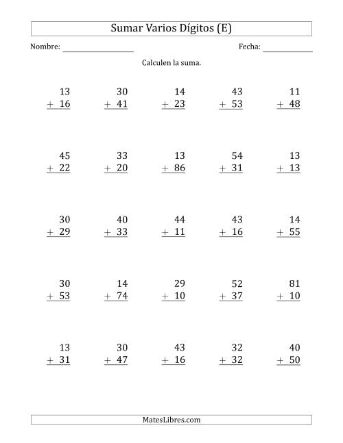 La hoja de ejercicios de Sumas de 2 Dígitos más 2 Dígitos sin Acarreo (Papel Tamaño Carta, Separador de Millar con Coma) (E)