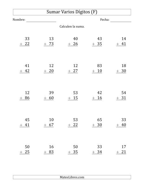 La hoja de ejercicios de Sumas de 2 Dígitos más 2 Dígitos sin Acarreo (Papel Tamaño Carta, Separador de Millar con Coma) (F)