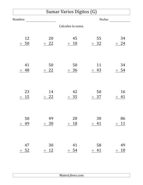 La hoja de ejercicios de Sumas de 2 Dígitos más 2 Dígitos sin Acarreo (Papel Tamaño Carta, Separador de Millar con Coma) (G)
