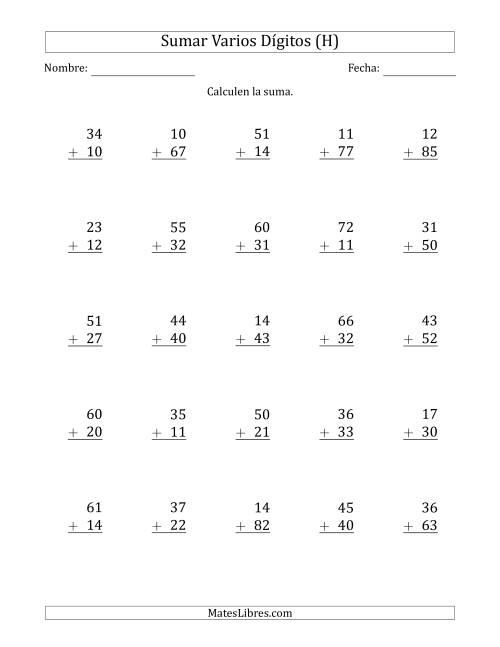 La hoja de ejercicios de Sumas de 2 Dígitos más 2 Dígitos sin Acarreo (Papel Tamaño Carta, Separador de Millar con Coma) (H)