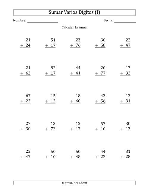 La hoja de ejercicios de Sumas de 2 Dígitos más 2 Dígitos sin Acarreo (Papel Tamaño Carta, Separador de Millar con Coma) (I)