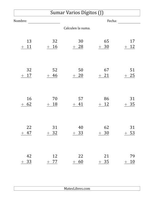 La hoja de ejercicios de Sumas de 2 Dígitos más 2 Dígitos sin Acarreo (Papel Tamaño Carta, Separador de Millar con Coma) (J)