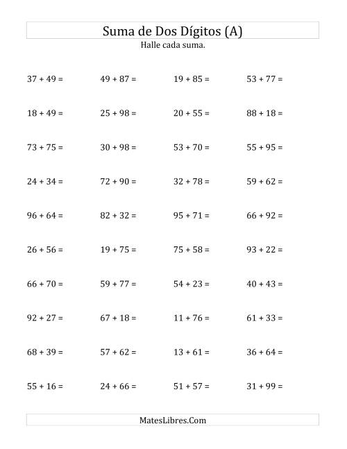 La hoja de ejercicios de Suma Horizontal de Dos Dígitos con Alguna Reagrupación (A)