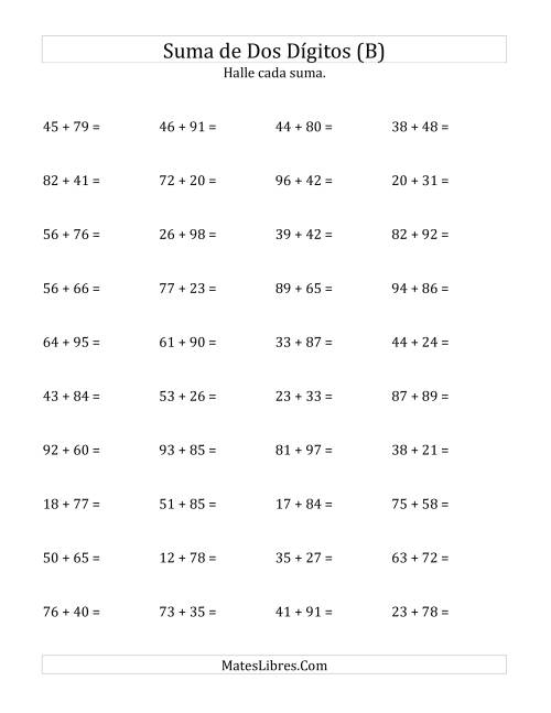La hoja de ejercicios de Suma Horizontal de Dos Dígitos con Alguna Reagrupación (B)