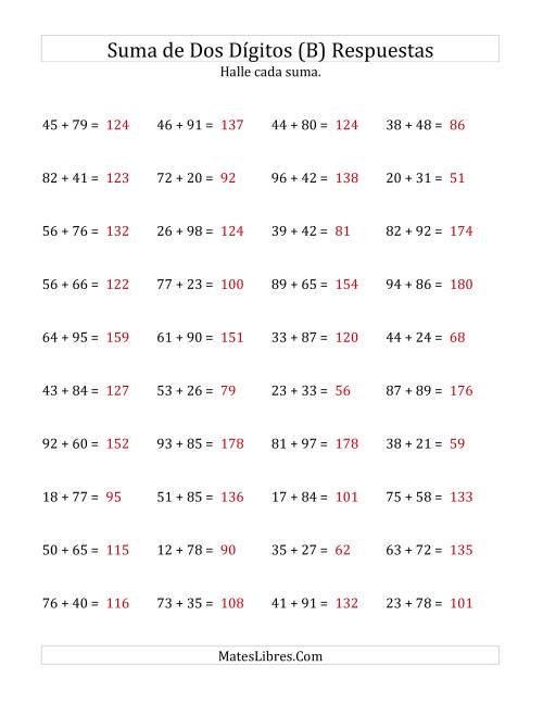 La hoja de ejercicios de Suma Horizontal de Dos Dígitos con Alguna Reagrupación (B) Página 2
