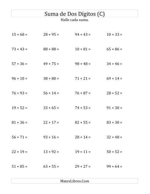 La hoja de ejercicios de Suma Horizontal de Dos Dígitos con Alguna Reagrupación (C)
