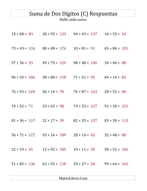 La hoja de ejercicios de Suma Horizontal de Dos Dígitos con Alguna Reagrupación (C) Página 2