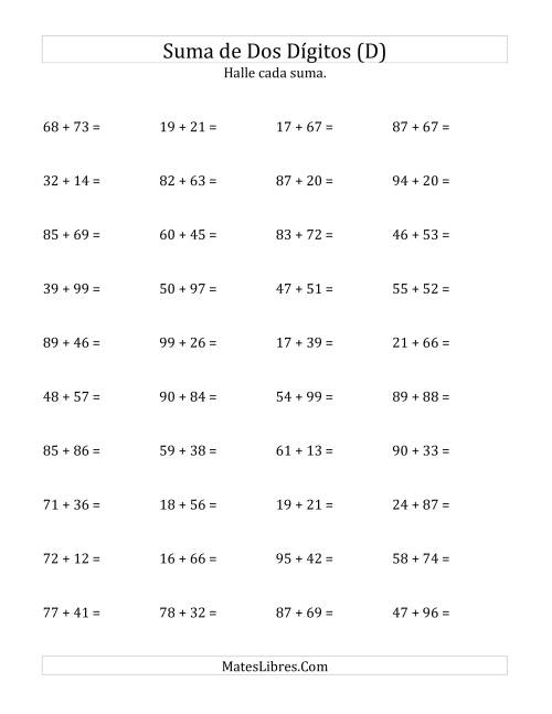 La hoja de ejercicios de Suma Horizontal de Dos Dígitos con Alguna Reagrupación (D)