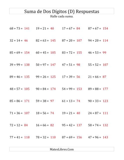 La hoja de ejercicios de Suma Horizontal de Dos Dígitos con Alguna Reagrupación (D) Página 2