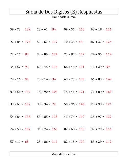 La hoja de ejercicios de Suma Horizontal de Dos Dígitos con Alguna Reagrupación (E) Página 2